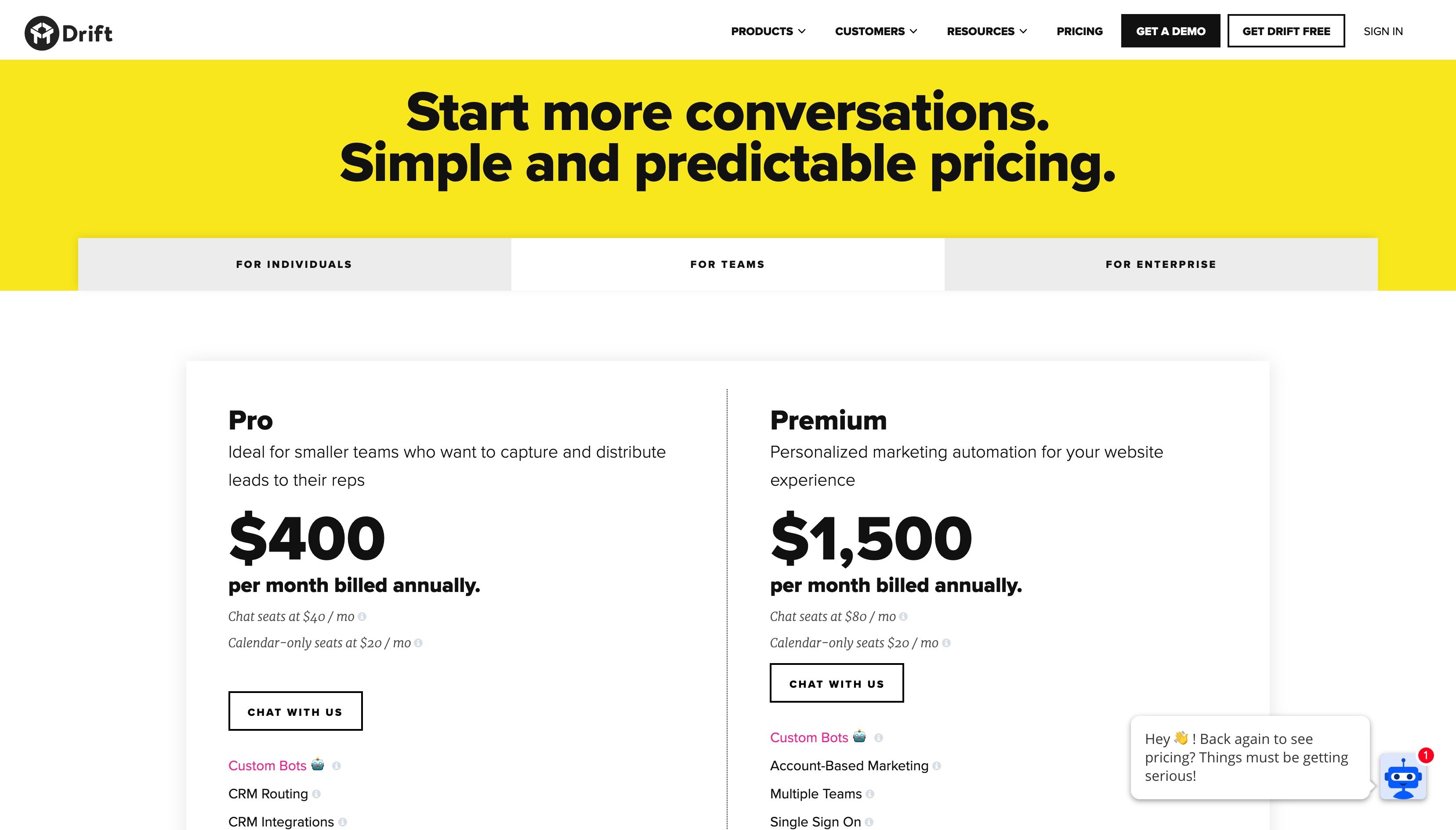 Drift Pricing Page