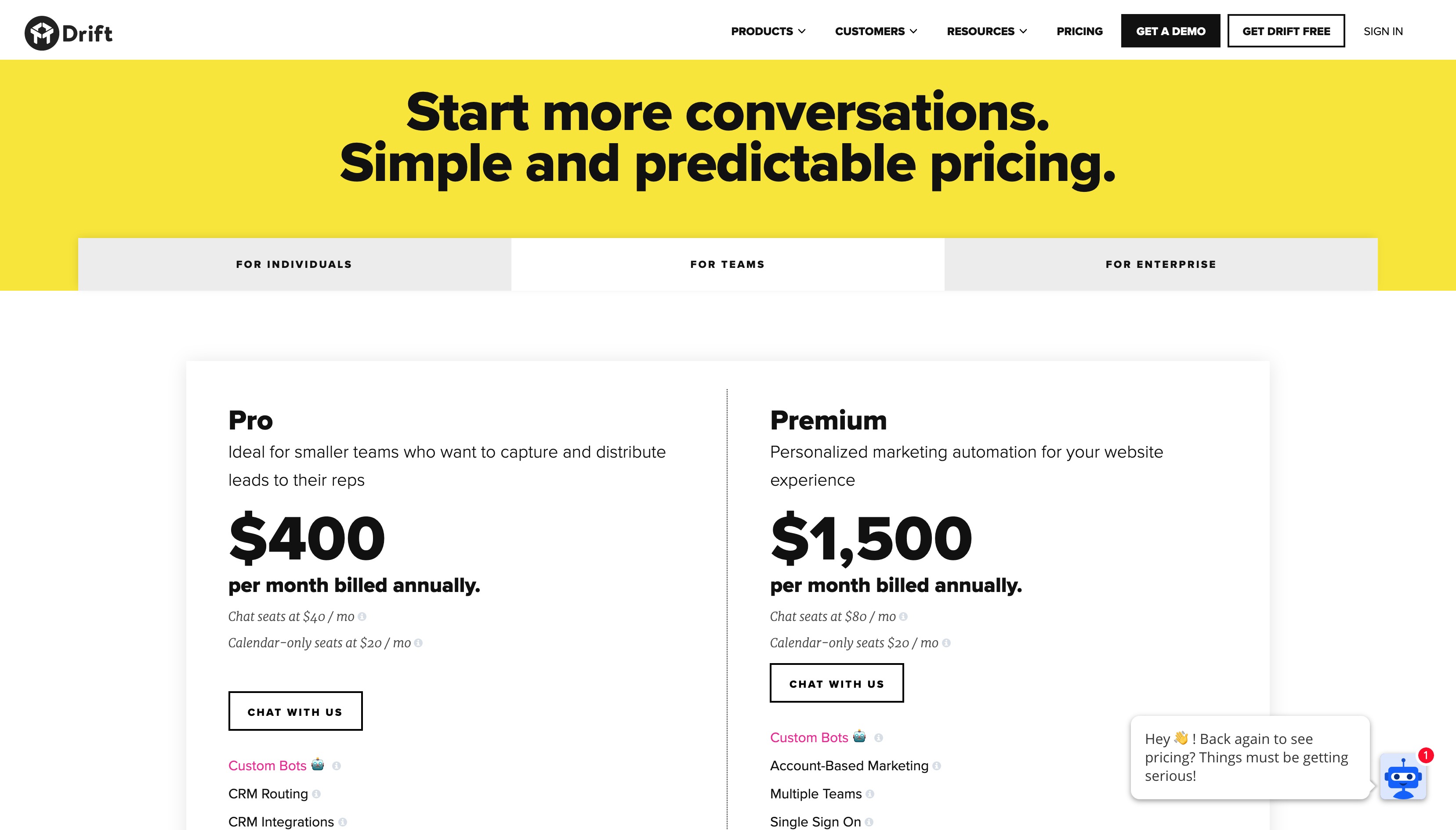 Drift Pricing Page