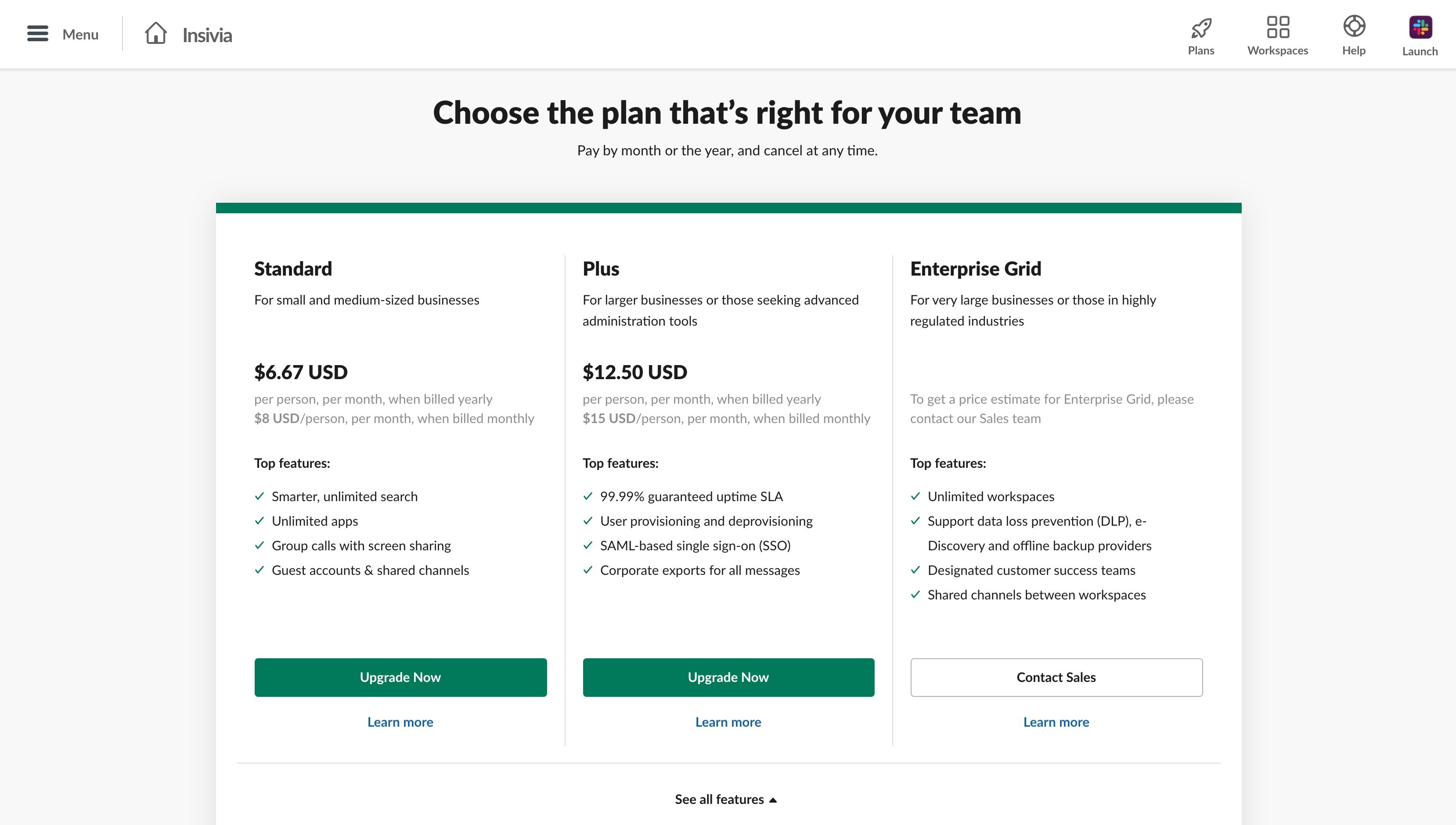 Slack SaaS Pricing Page