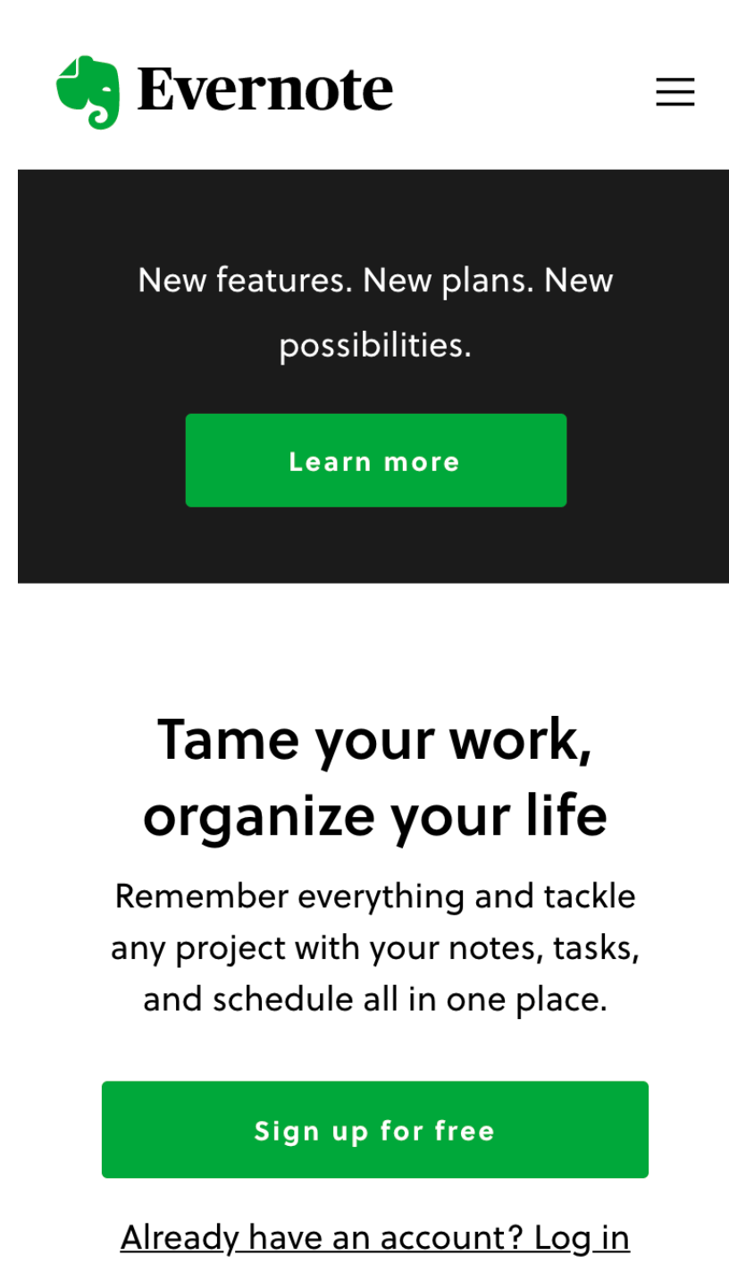 Evernote mobile software website interface example