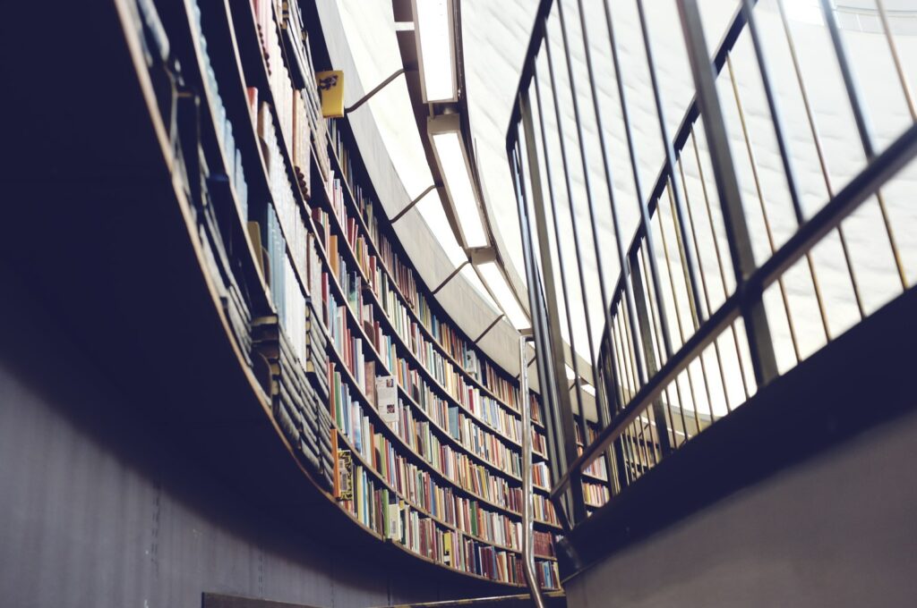 architectural interior photo of library with books and shelf