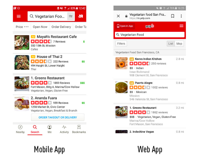 Yelp Mobile Web Versus Native App